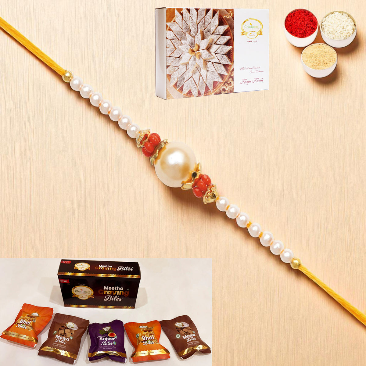 Y-34 Pearl rakhi with Asorted bites box and 200 gms of Kaju katli