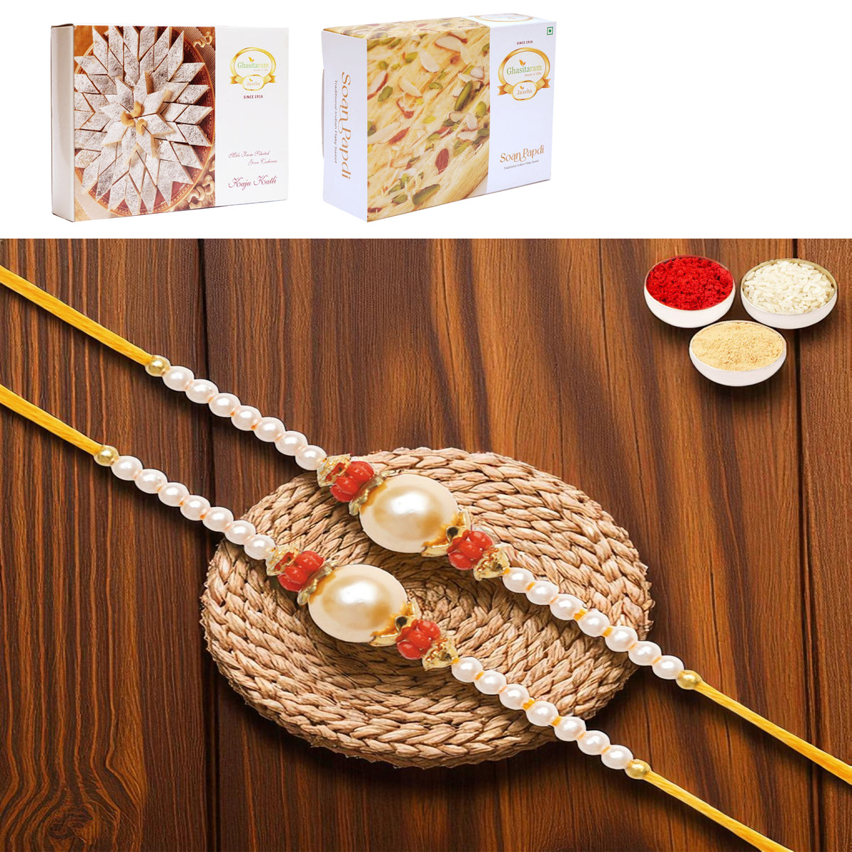 Set of 2 - Y-34 Pearl rakhi with 200 gms of Kaju katli and 200 gms of Soan Papdi