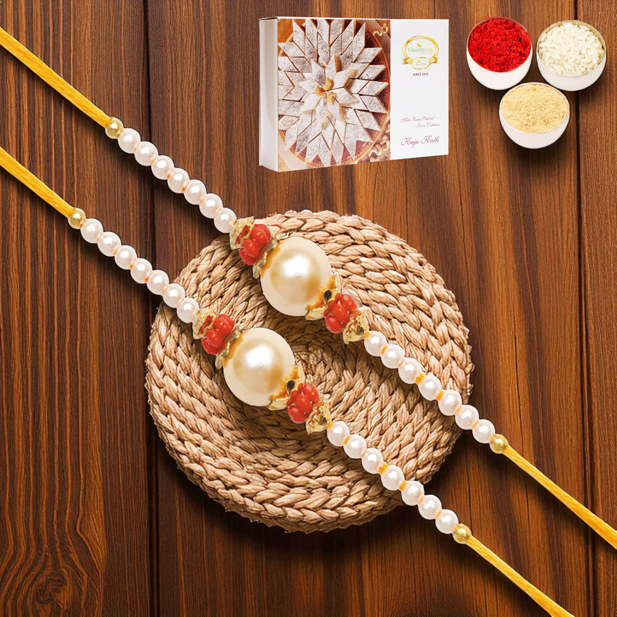 Rakhis Online USA-Set of 2 - Y-34 Pearl rakhi with 200 gms of Kaju katli