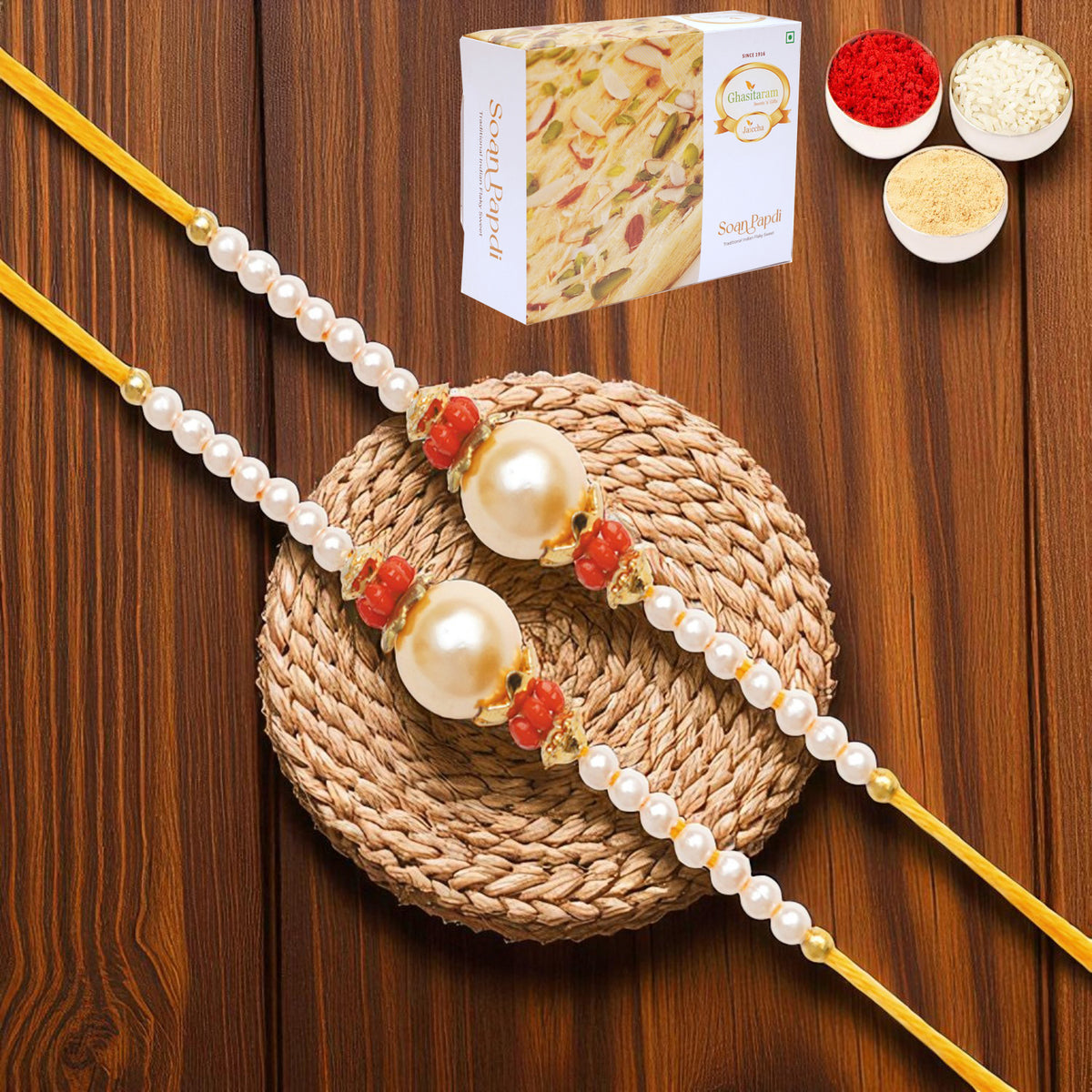 Rakhis Online Australia-Set of 2 - Y-34 Pearl rakhi with 200 gms of Soan Papdi