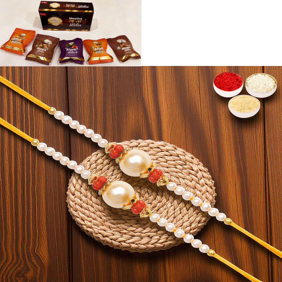 Rakhis Online UK-Set of 2 - Y-34 Pearl rakhi with Asorted bites box