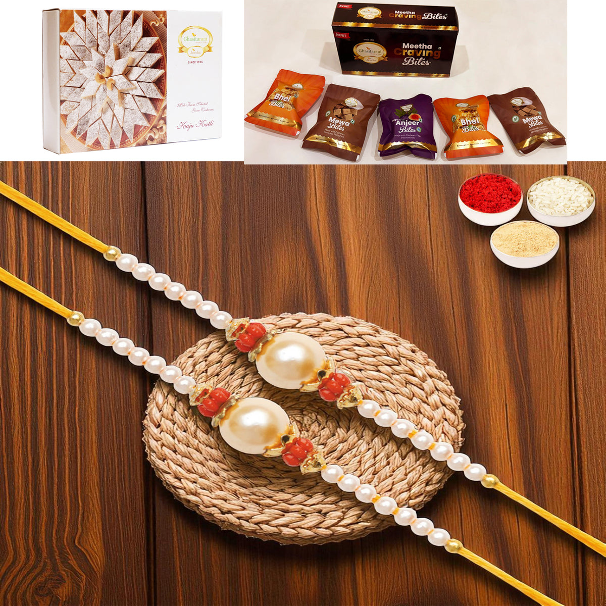 Set of 2 - Y-34 Pearl rakhi with Asorted bites box and 200 gms of Kaju katli