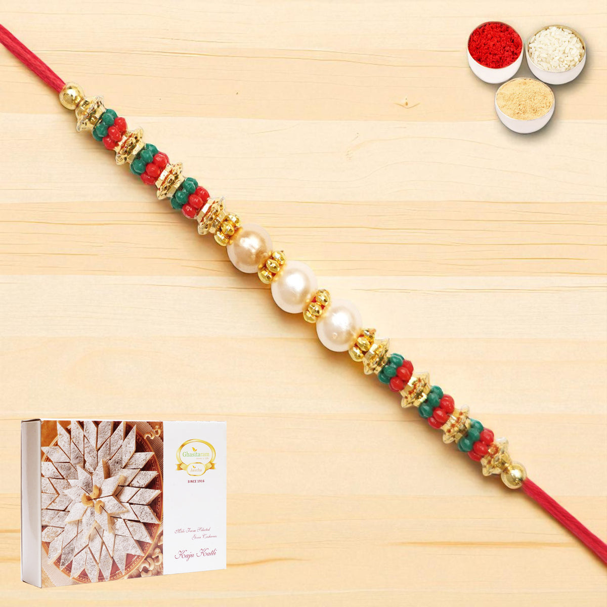Y-36 Pearl rakhi with 400 gms of Kaju katli