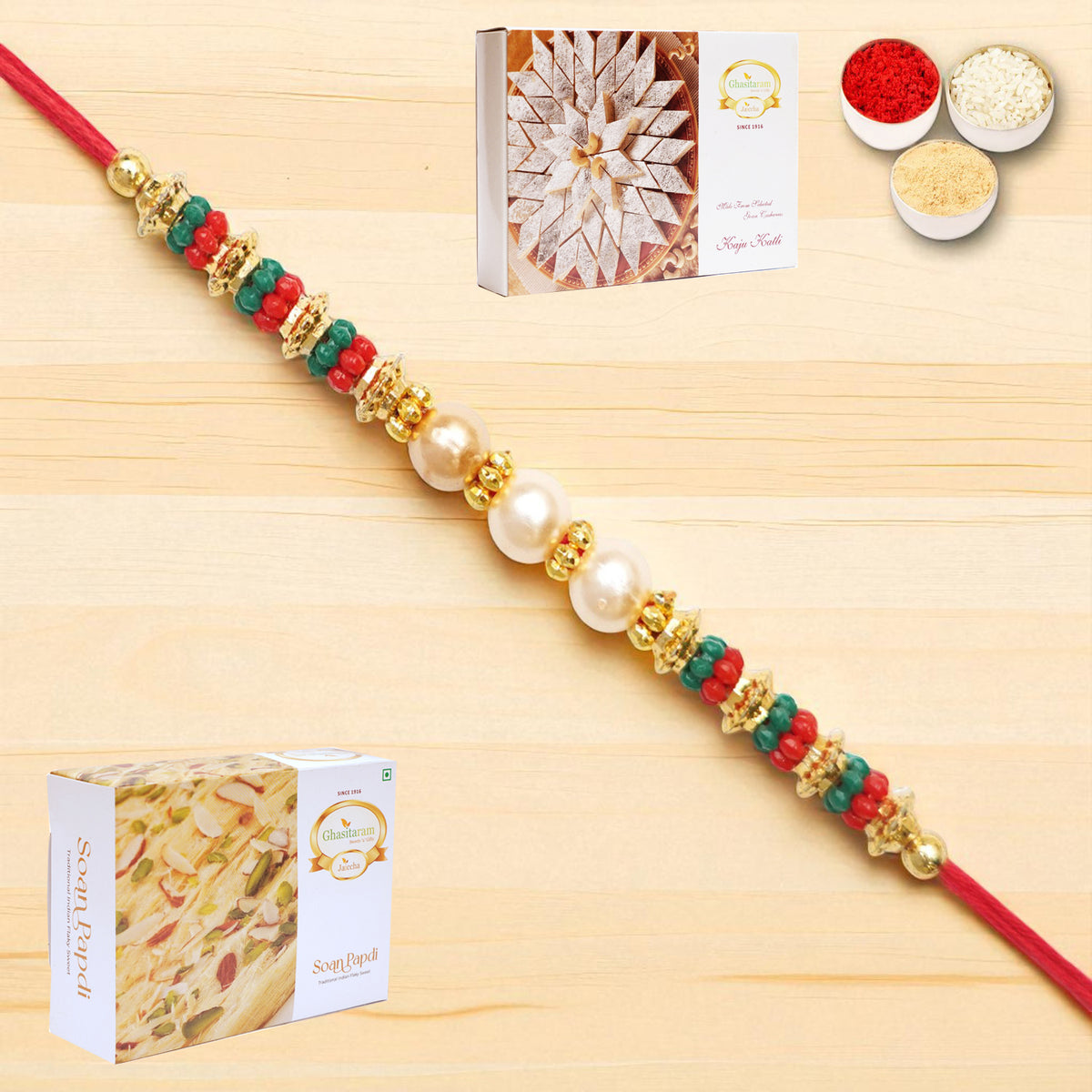 Y-36 Pearl rakhi with 200 gms of Kaju katli and 200 gms of Soan Papdi