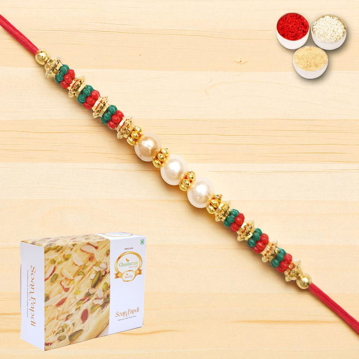 Y-36 Pearl rakhi with 400 gms of Soan Papdi