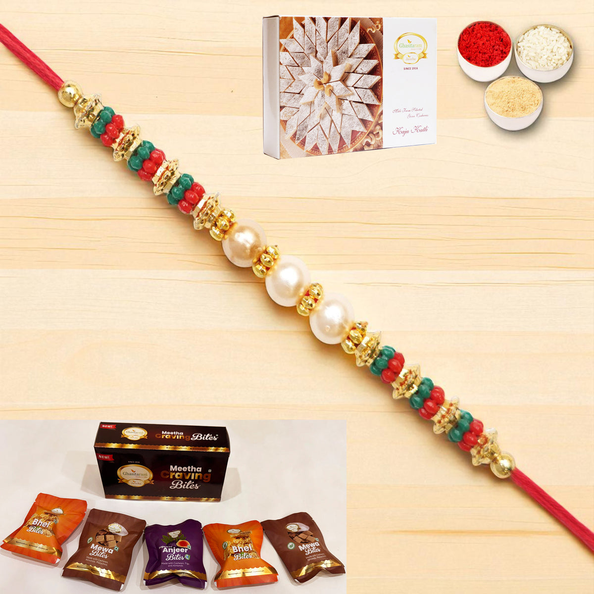 Y-36 Pearl rakhi with Asorted bites box and 200 gms of Kaju katli