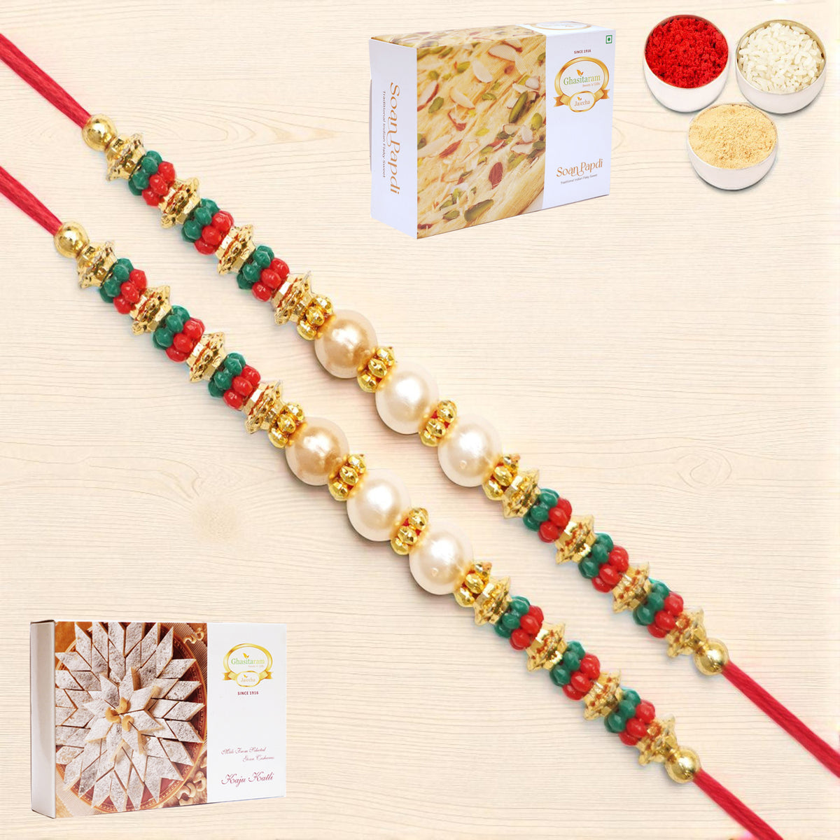 Set of 2 - Y-36 Pearl rakhi with 200 gms of Kaju katli and 200 gms of Soan Papdi