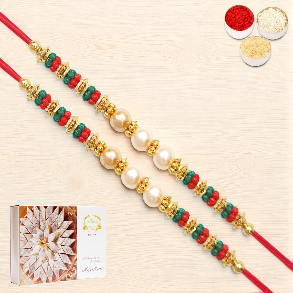 Rakhis Online UK-Set of 2 - Y-36 Pearl rakhi with 200 gms of Kaju katli