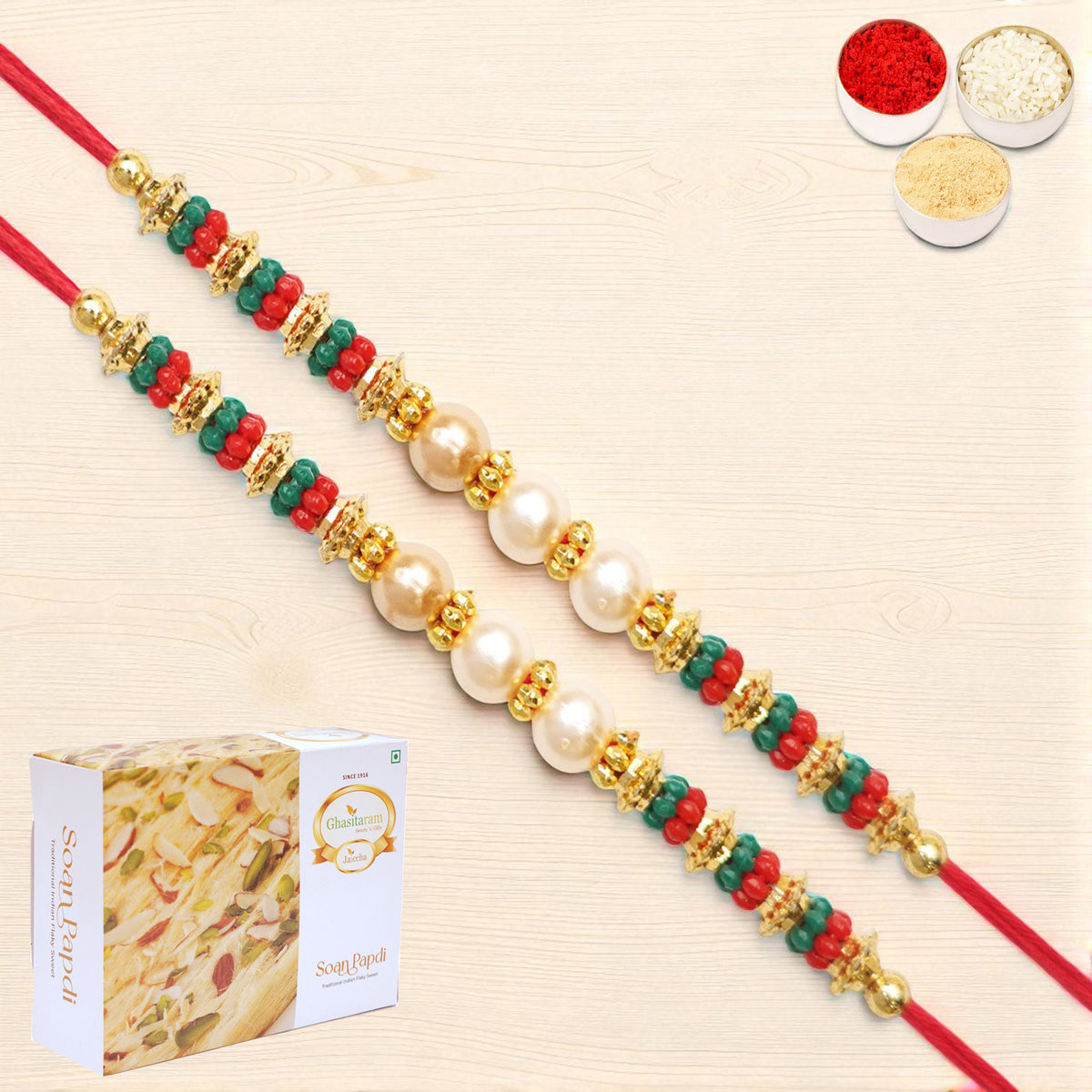 Rakhis Online USA-Set of 2 - Y-36 Pearl rakhi with 200 gms of Soan Papdi