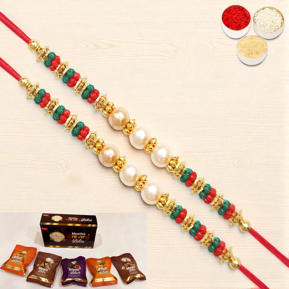 Rakhis Online USA-Set of 2 - Y-36 Pearl rakhi with Asorted bites box