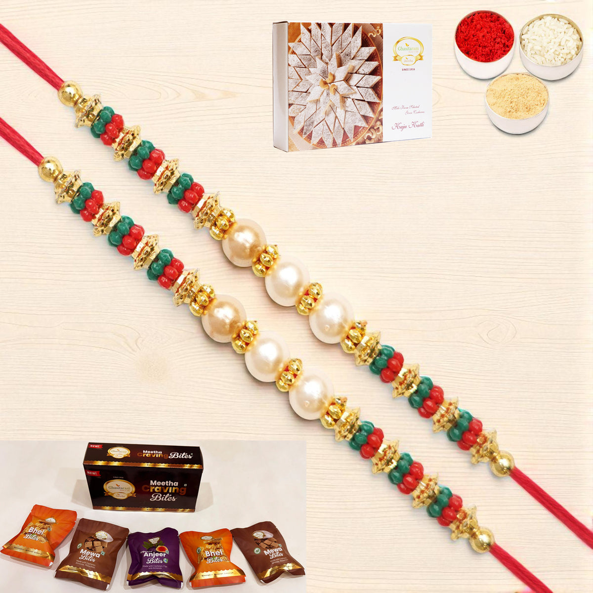 Set of 2 - Y-36 Pearl rakhi with Asorted bites box and 200 gms of Kaju katli
