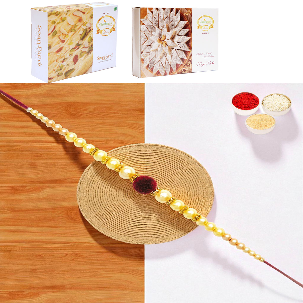 Y-37 Pearl rakhi with 200 gms of Kaju katli and 200 gms of Soan Papdi