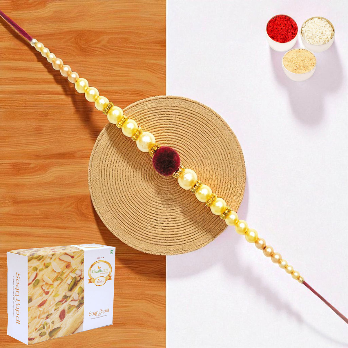 Y-37 Pearl rakhi with 400 gms of Soan Papdi
