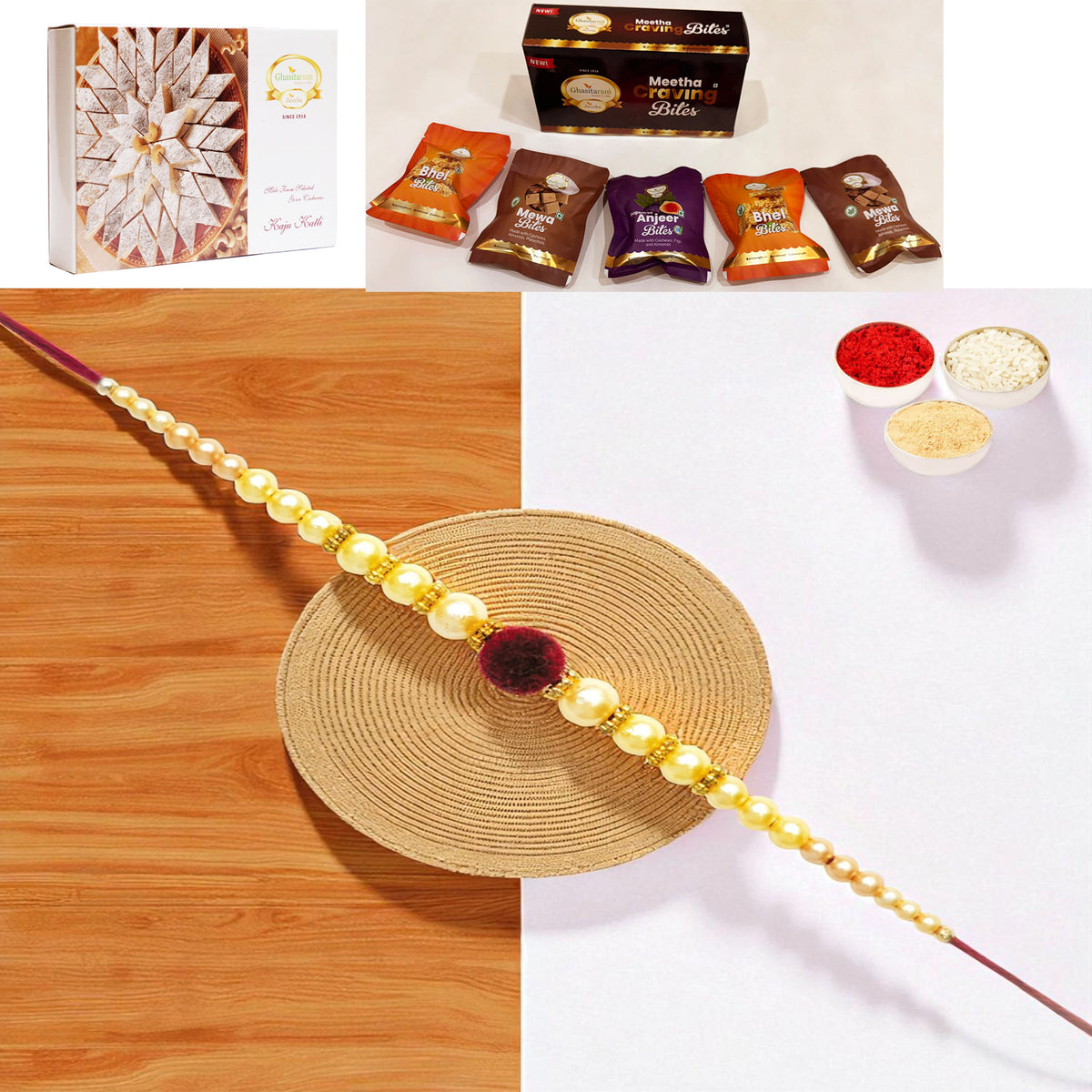 Y-37 Pearl rakhi with Asorted bites box and 200 gms of Kaju katli