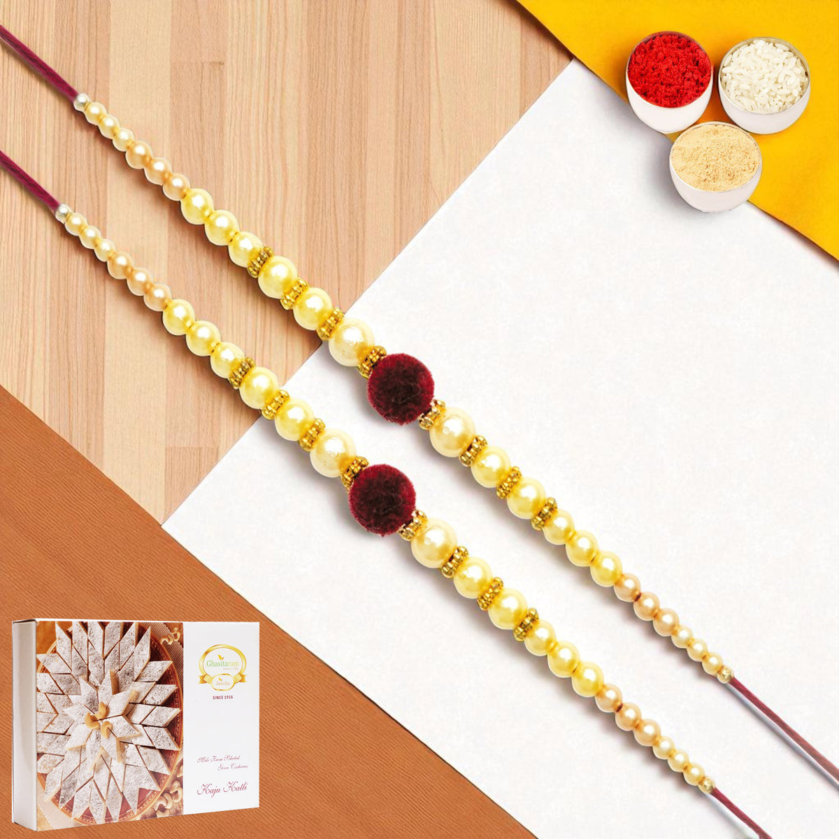 Set of 2 - Y-37 Pearl rakhi with 400 gms of Kaju katli
