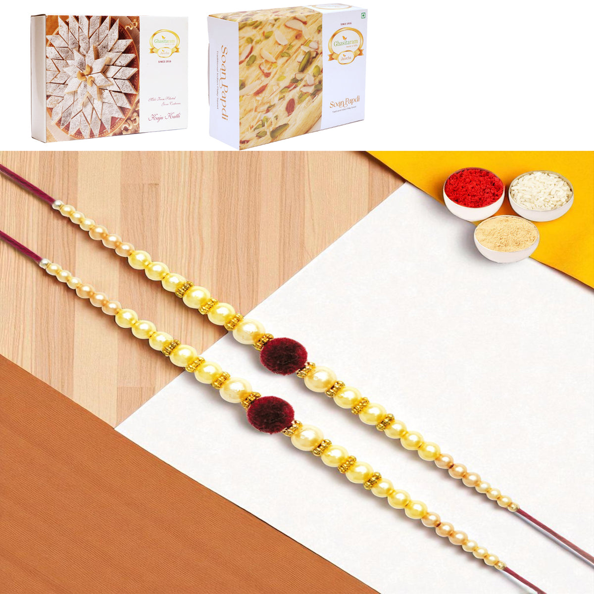 Set of 2 - Y-37 Pearl rakhi with 200 gms of Kaju katli and 200 gms of Soan Papdi