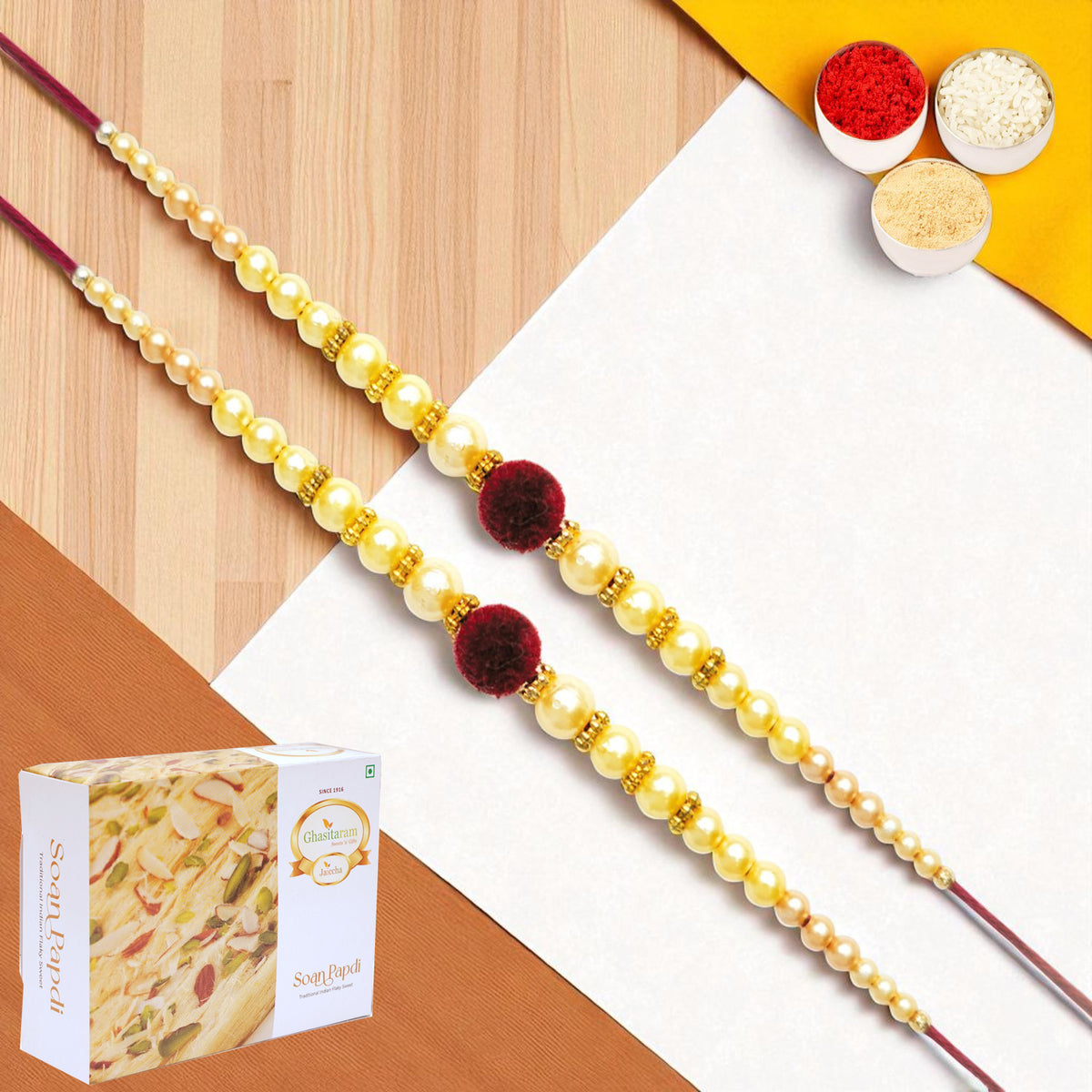 Rakhis Online Australia-Set of 2 - Y-37 Pearl rakhi with 200 gms of Soan Papdi