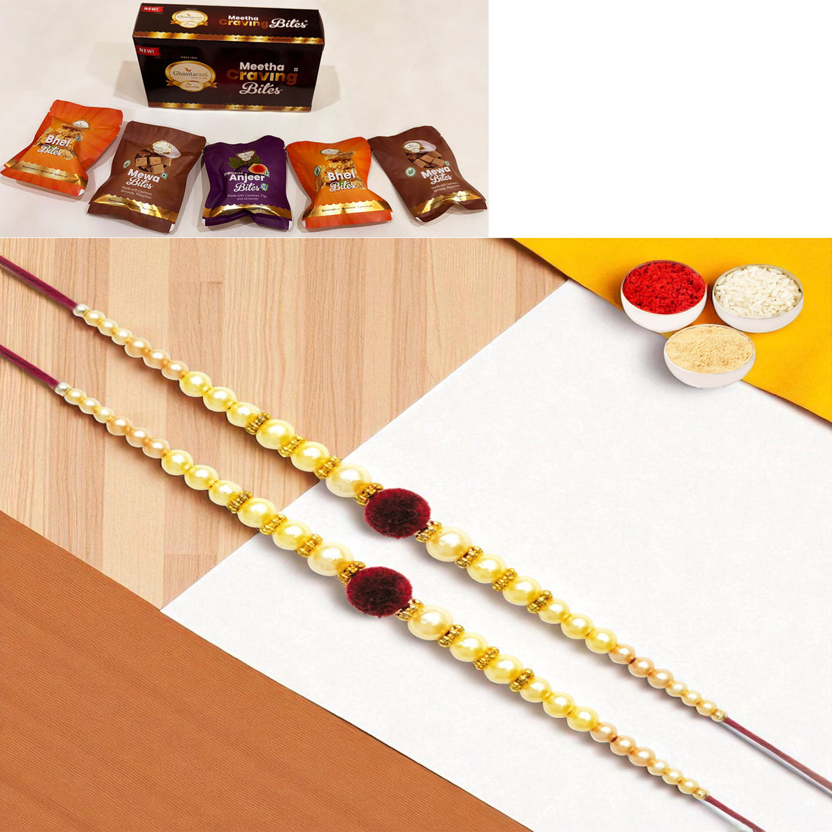 Rakhis Online Australia-Set of 2 - Y-37 Pearl rakhi with Asorted bites box