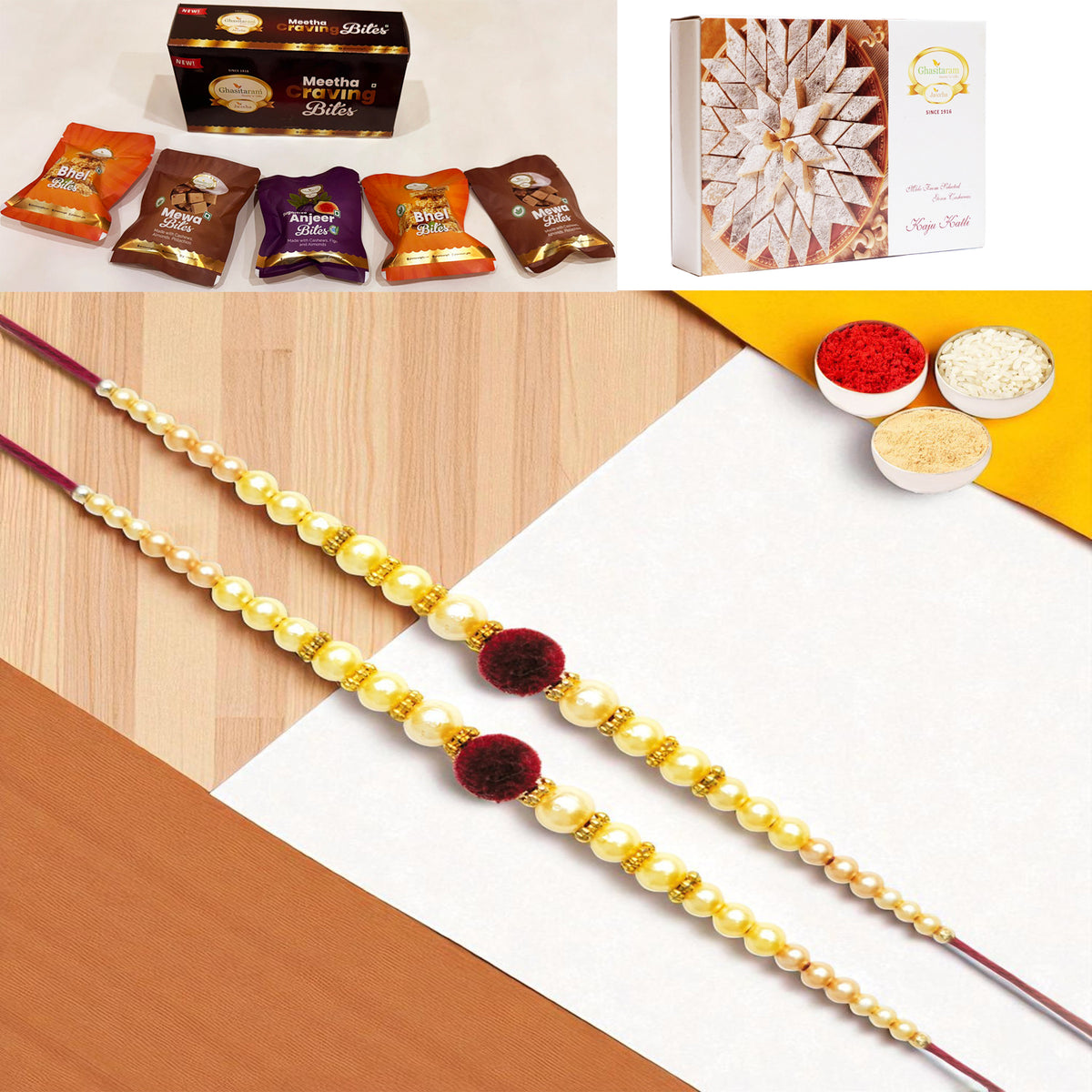 Set of 2 - Y-37 Pearl rakhi with Asorted bites box and 200 gms of Kaju katli