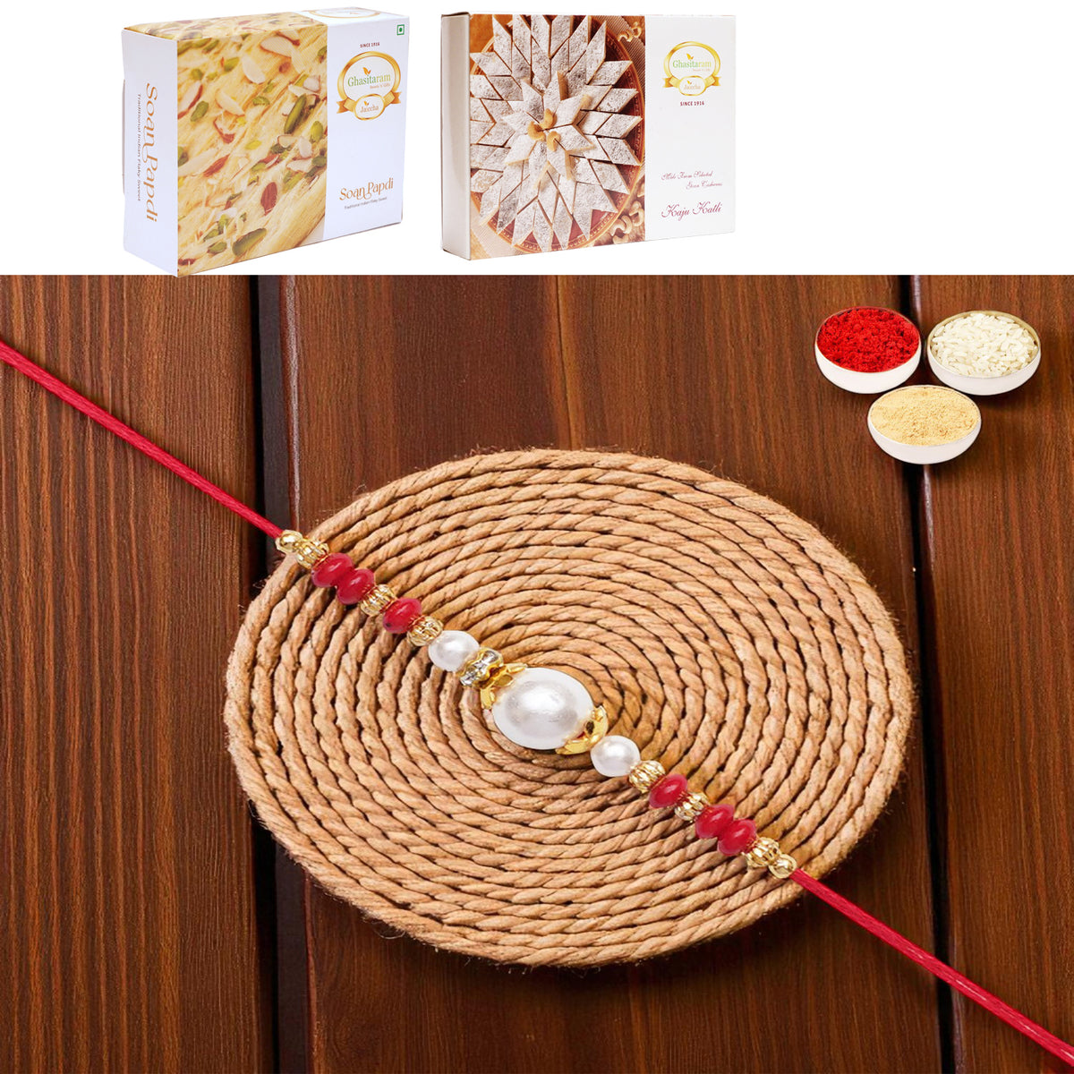 Y-44 Red Pearl rakhi with 200 gms of Kaju katli and 200 gms of Soan Papdi