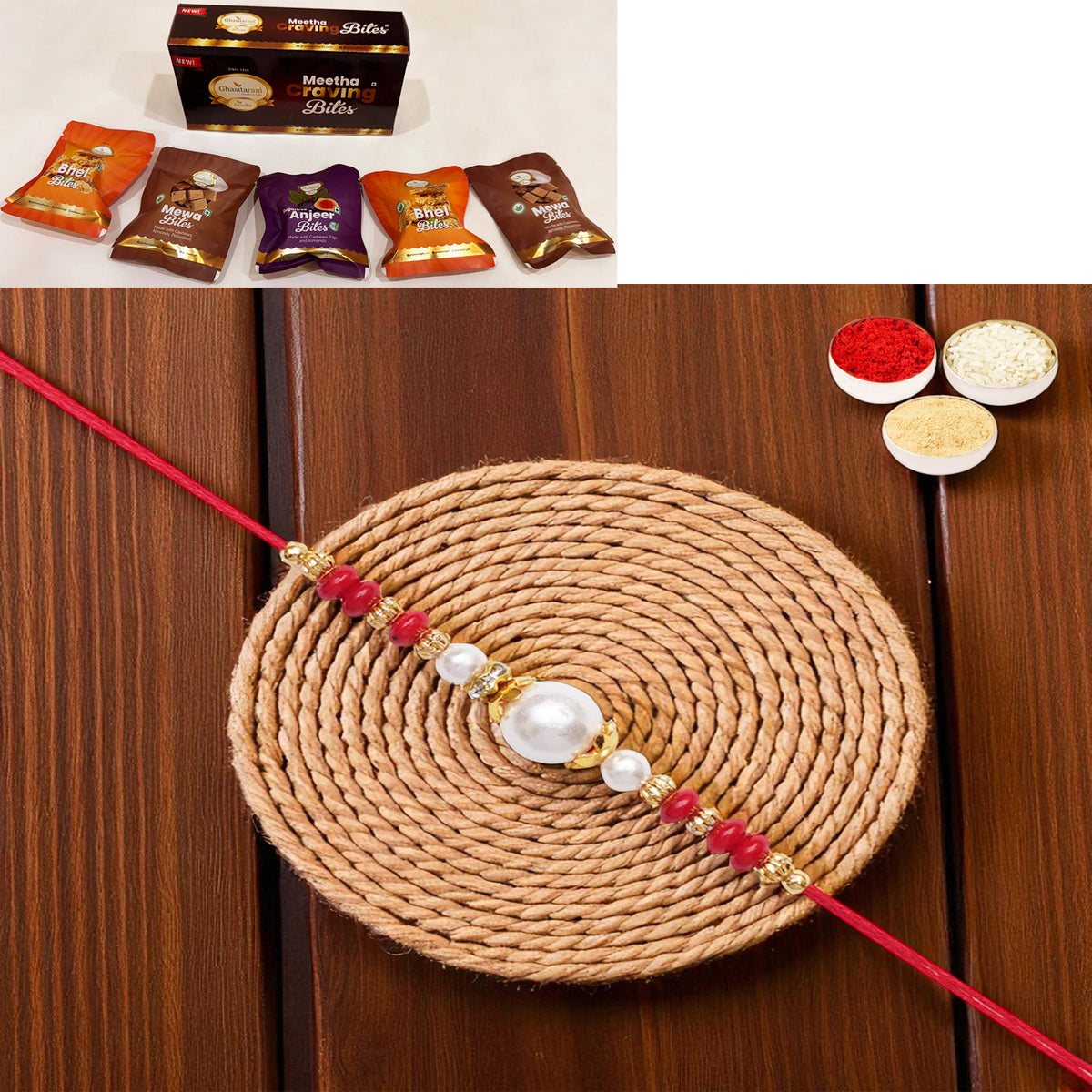 Y-44 Red Pearl rakhi with Asorted bites box