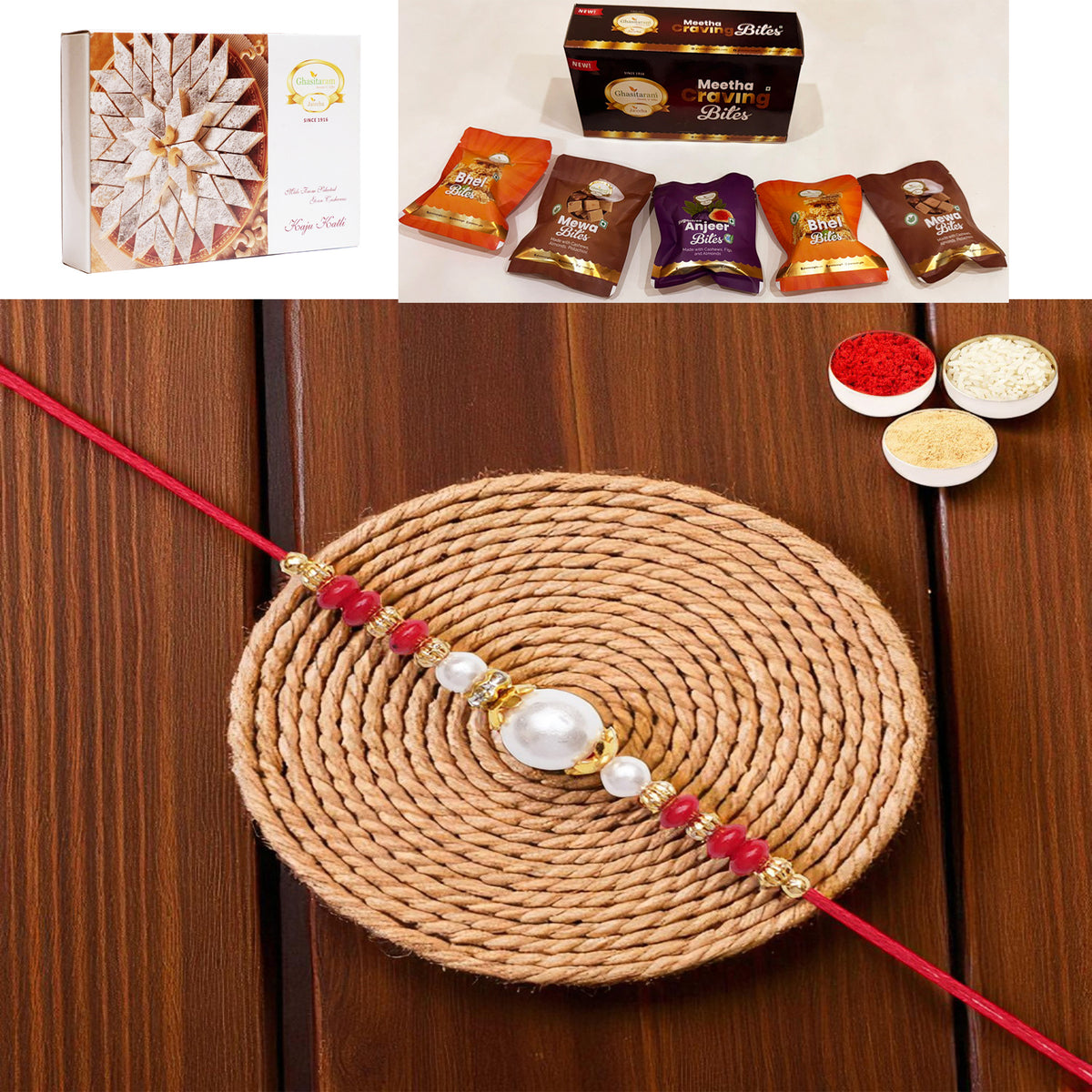 Y-44 Red Pearl rakhi with Asorted bites box and 200 gms of Kaju katli