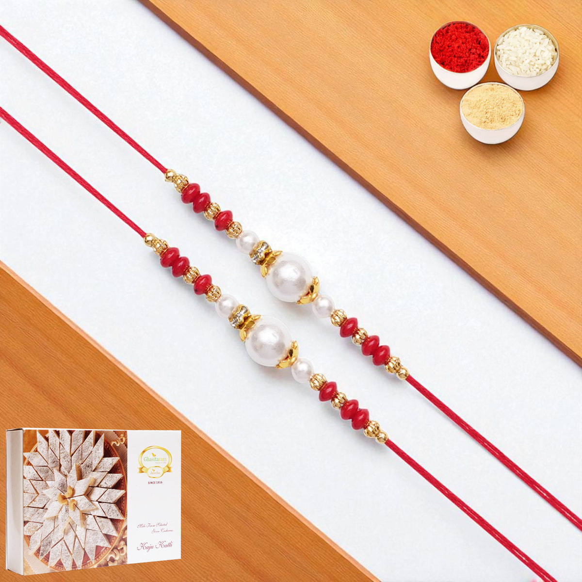Set of 2 - Y-44 Red Pearl rakhi with 400 gms of Kaju katli