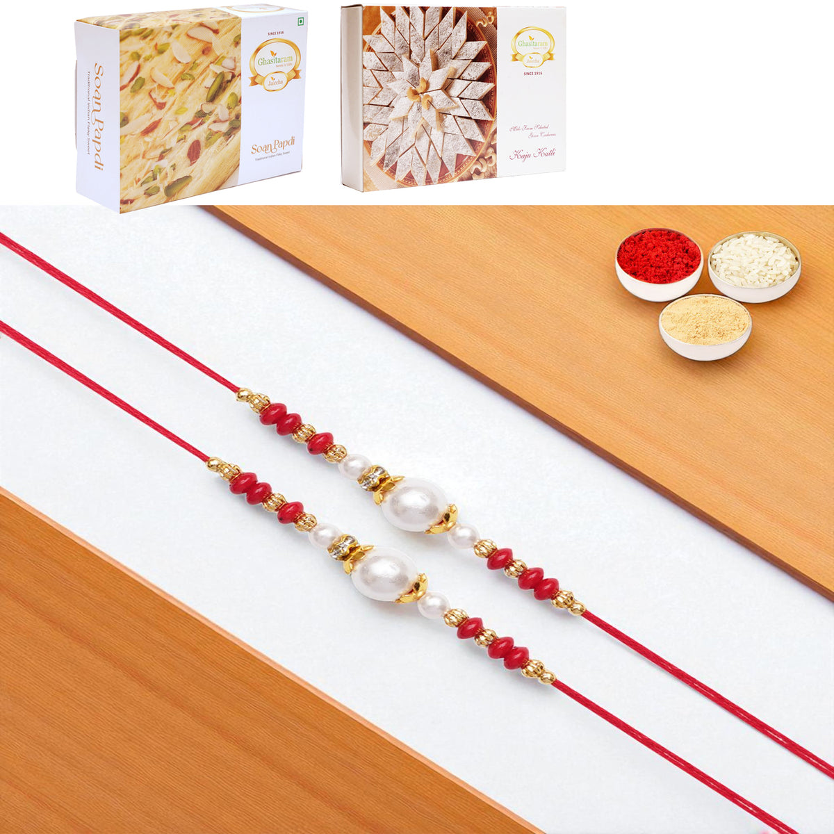 Set of 2 - Y-44 Red Pearl rakhi with 200 gms of Kaju katli and 200 gms of Soan Papdi
