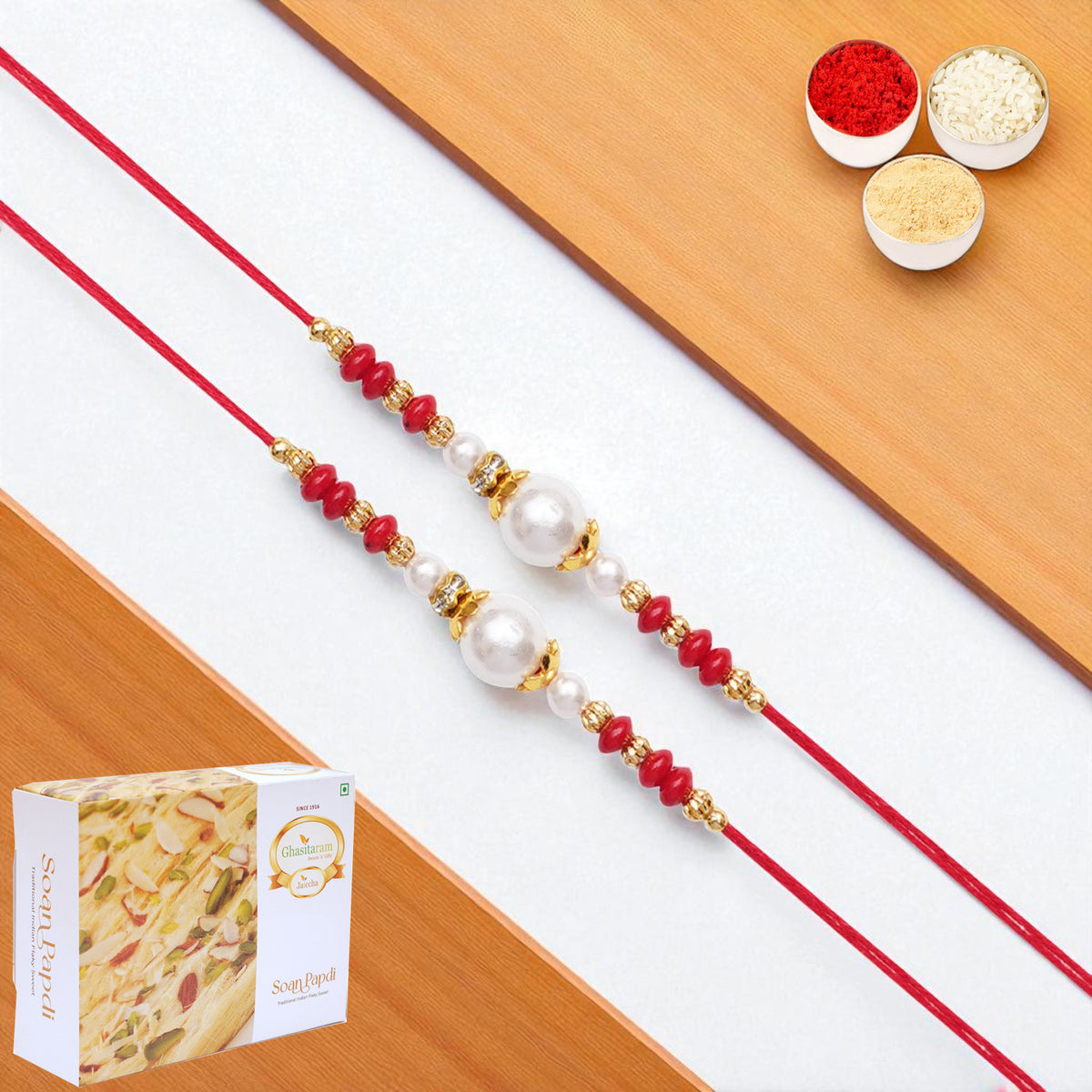 Rakhis Online Australia-Set of 2 - Y-44 Red Pearl rakhi with 200 gms of Soan Papdi