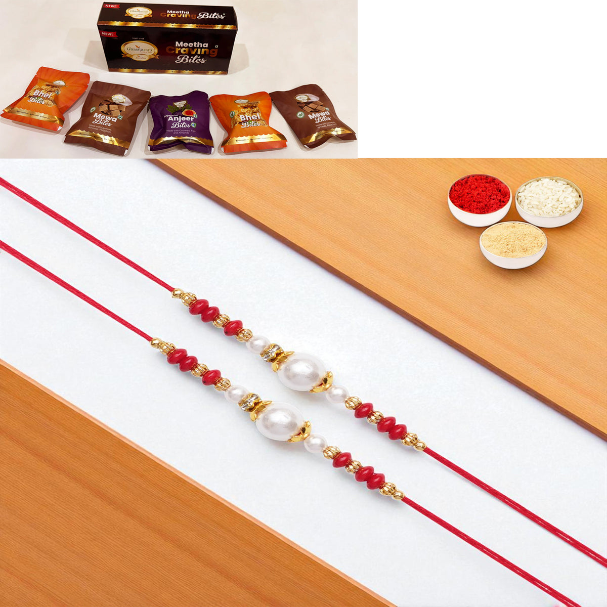 Set of 2 - Y-44 Red Pearl rakhi with Asorted bites box