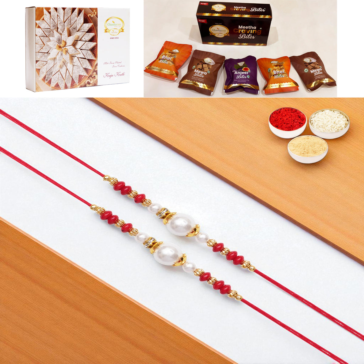 Set of 2 - Y-44 Red Pearl rakhi with Asorted bites box and 200 gms of Kaju katli