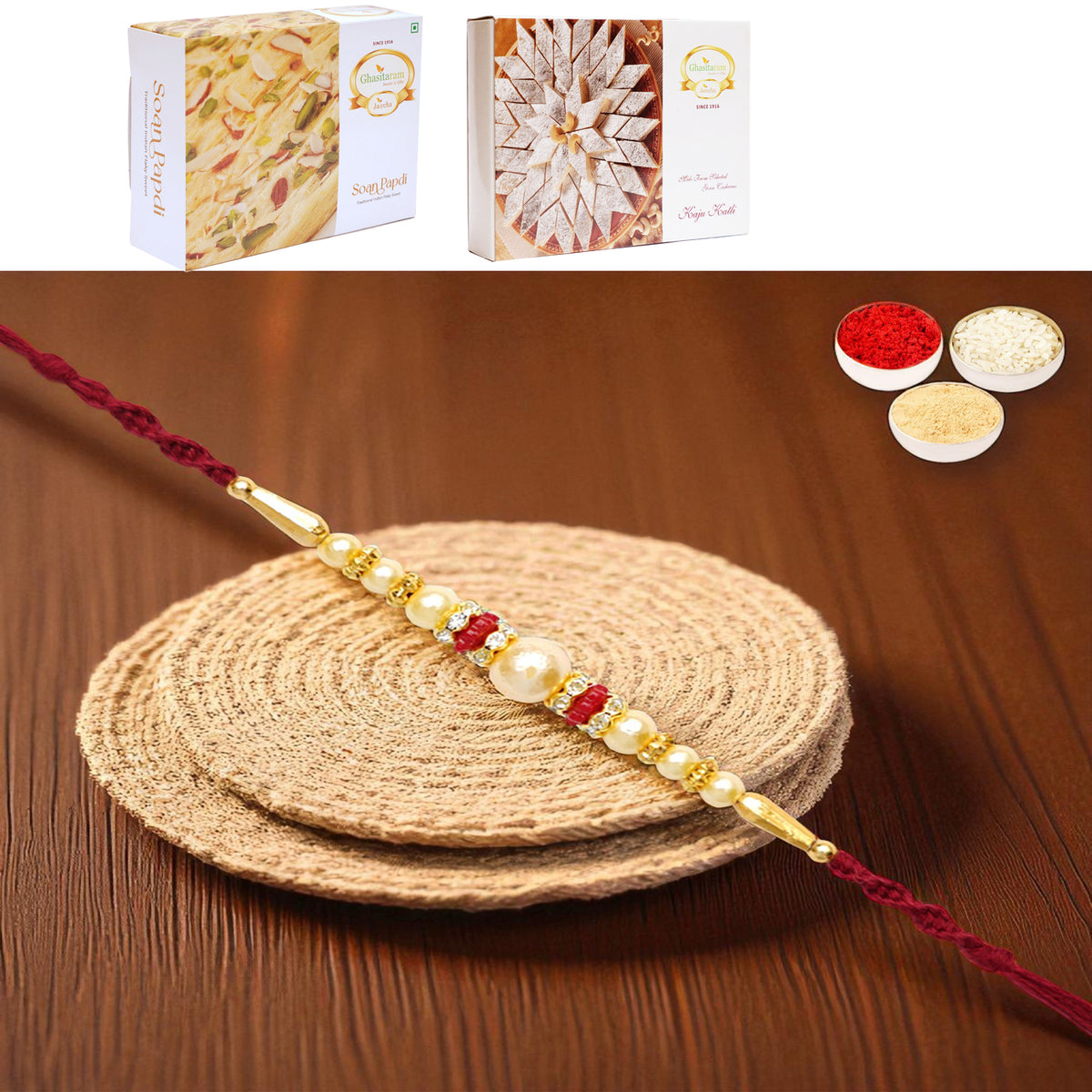 Y-83 Pearl rakhi with 200 gms of Kaju katli and 200 gms of Soan Papdi