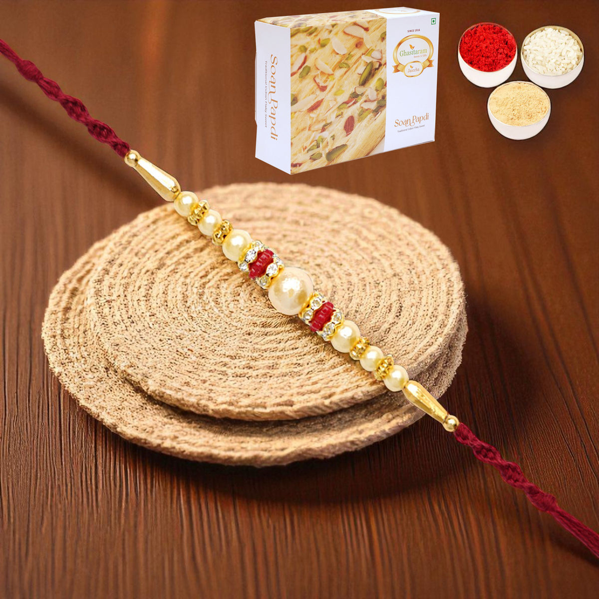Y-83 Pearl rakhi with 400 gms of Soan Papdi