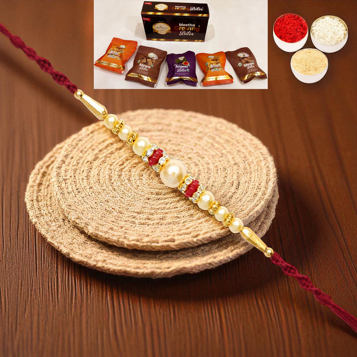 Y-83 Pearl rakhi with Asorted bites box