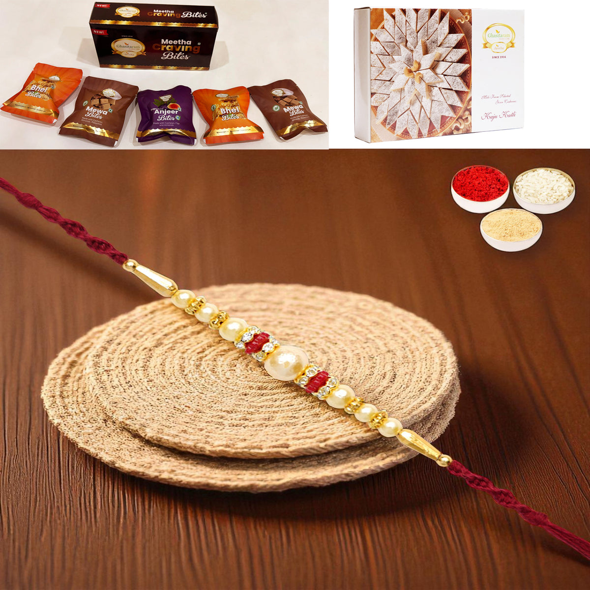 Y-83 Pearl rakhi with Asorted bites box and 200 gms of Kaju katli