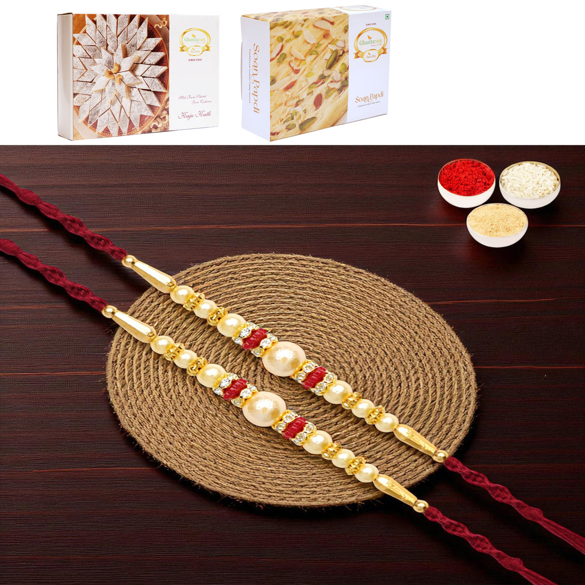 Set of 2 - Y-83 Pearl rakhi with 200 gms of Kaju katli and 200 gms of Soan Papdi