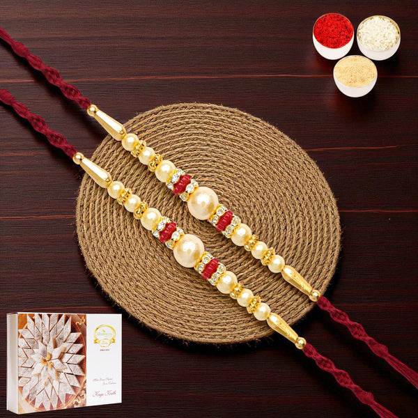 Rakhis Online USA-Set of 2 - Y-83 Pearl rakhi with 200 gms of Kaju katli
