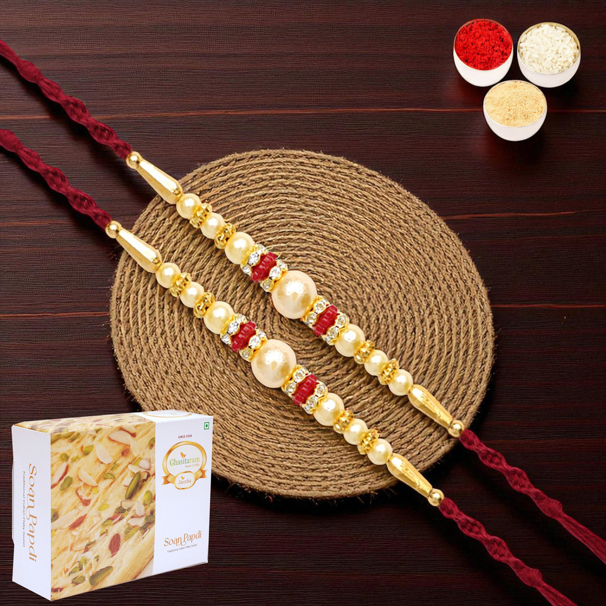 Rakhis Online UK-Set of 2 - Y-83 Pearl rakhi with 200 gms of Soan Papdi