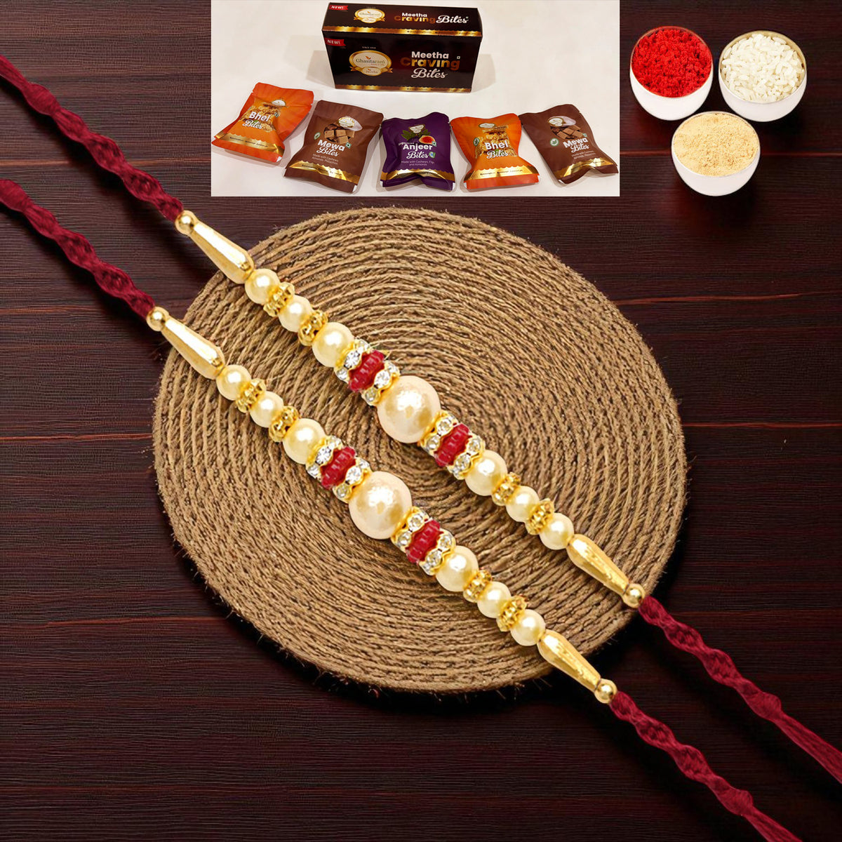 Set of 2 - Y-83 Pearl rakhi with Asorted bites box