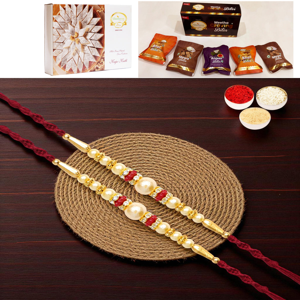 Set of 2 - Y-83 Pearl rakhi with Asorted bites box and 200 gms of Kaju katli