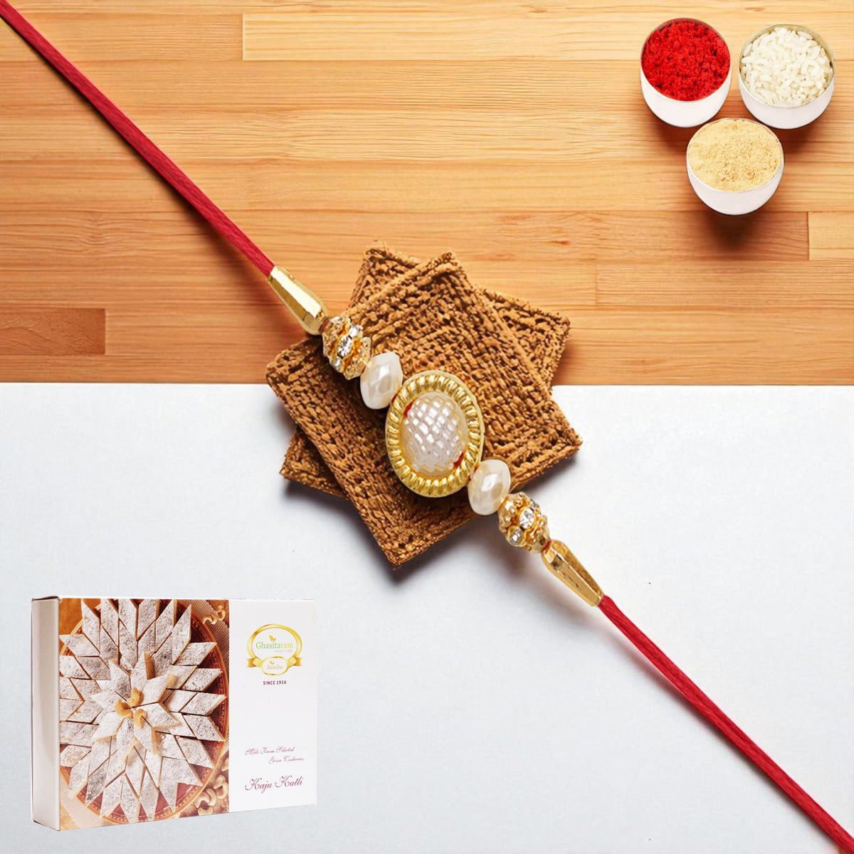 Y-84 Pearl rakhi with 400 gms of Kaju katli
