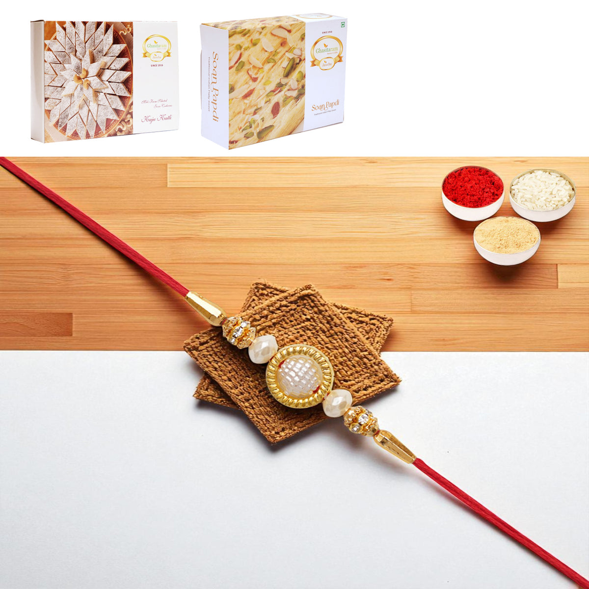 Y-84 Pearl rakhi with 200 gms of Kaju katli and 200 gms of Soan Papdi