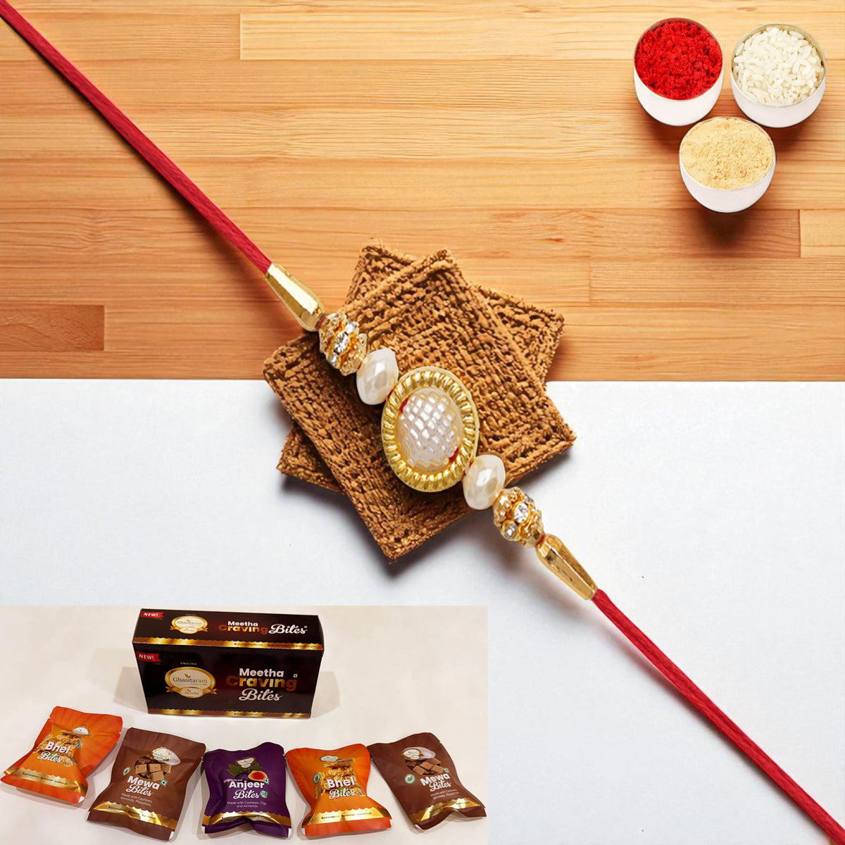 Y-84 Pearl rakhi with Asorted bites box
