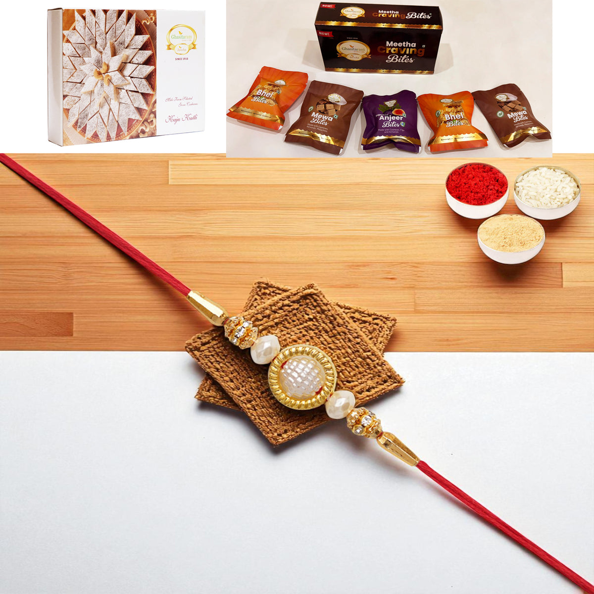 Y-84 Pearl rakhi with Asorted bites box and 200 gms of Kaju katli