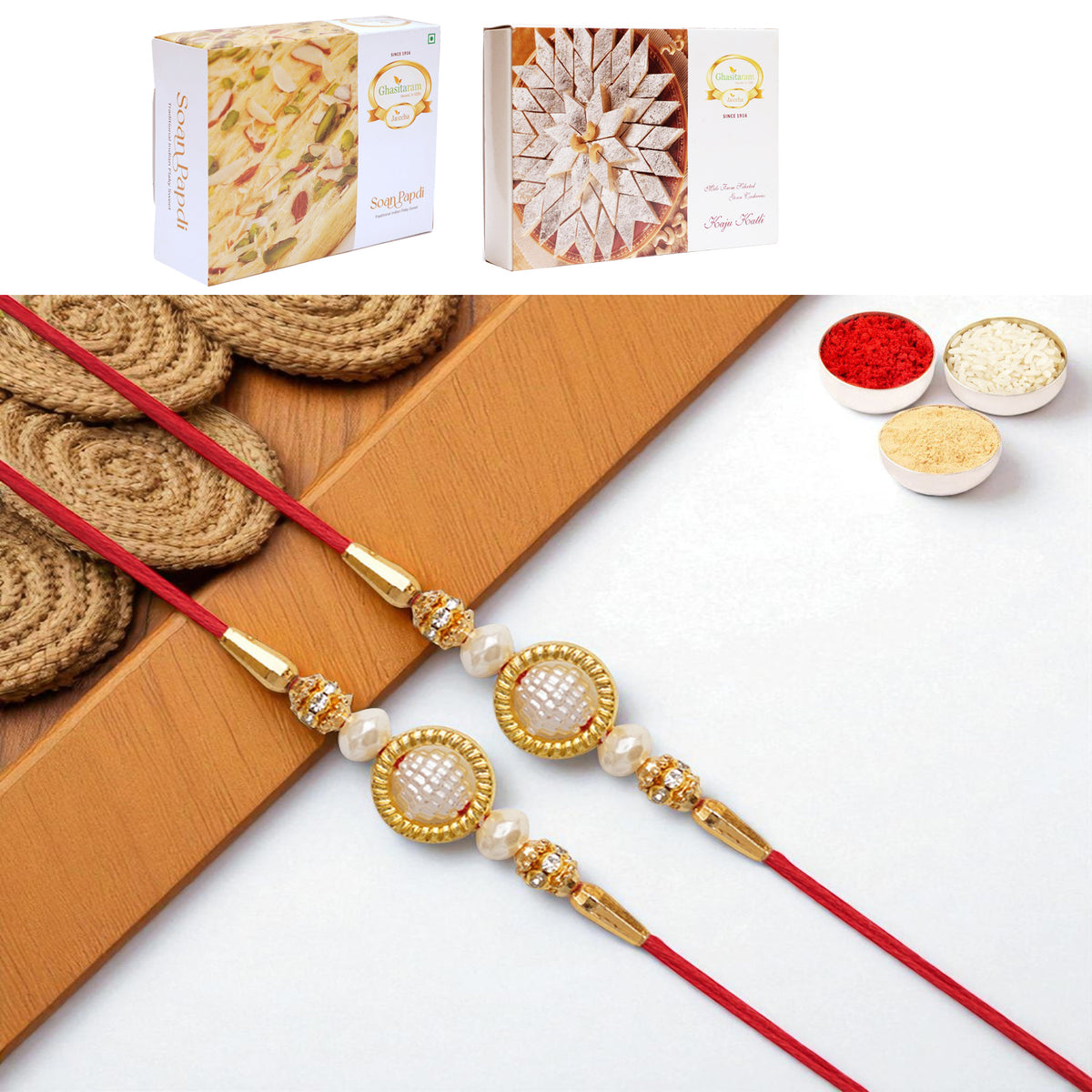 Set of 2 - Y-84 Pearl rakhi with 200 gms of Kaju katli and 200 gms of Soan Papdi