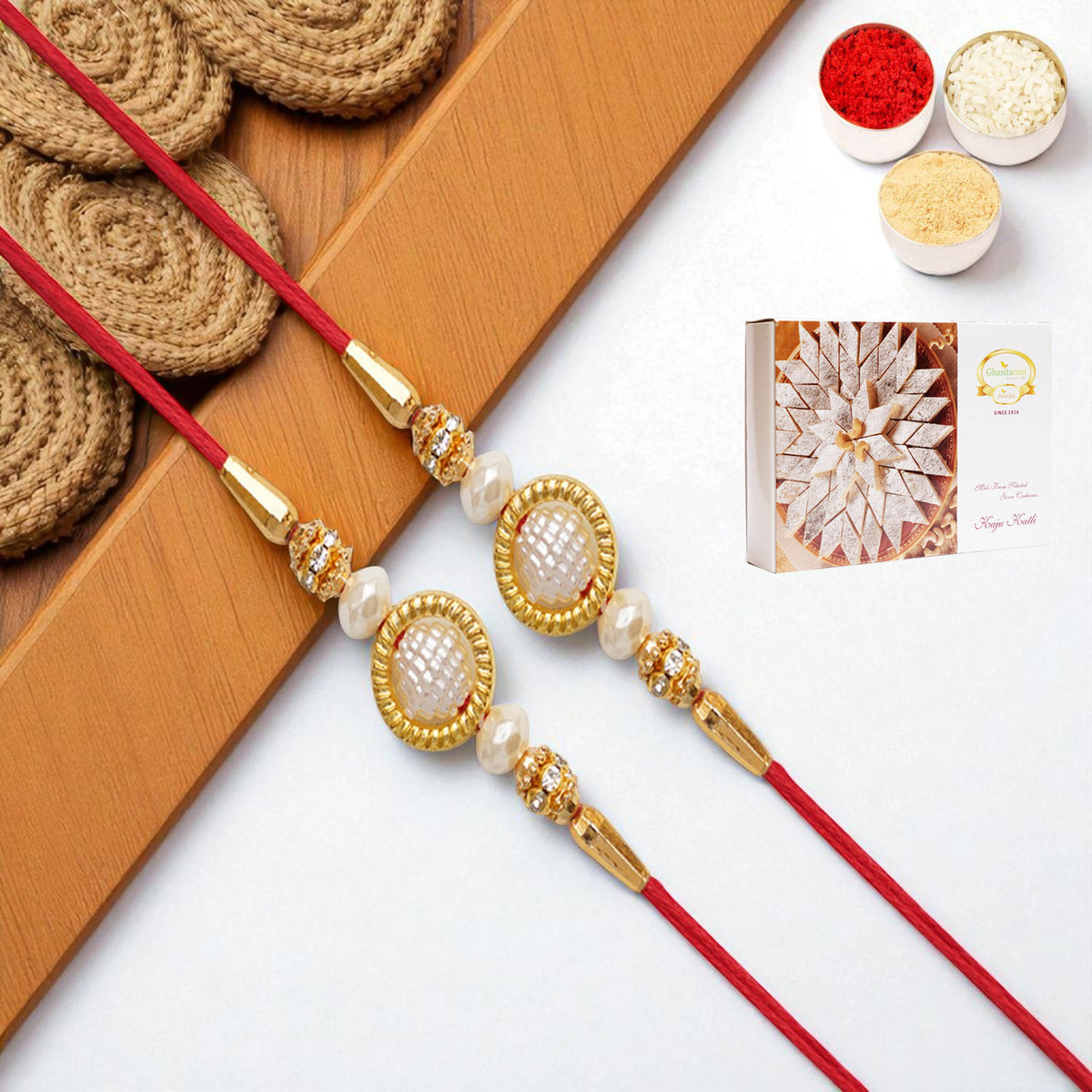 Rakhis Online USA-Set of 2 - Y-84 Pearl rakhi with 200 gms of Kaju katli