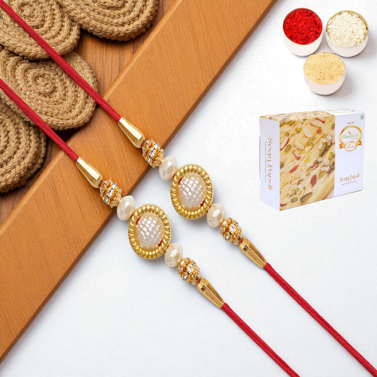 Rakhis Online UK-Set of 2 - Y-84 Pearl rakhi with 200 gms of Soan Papdi