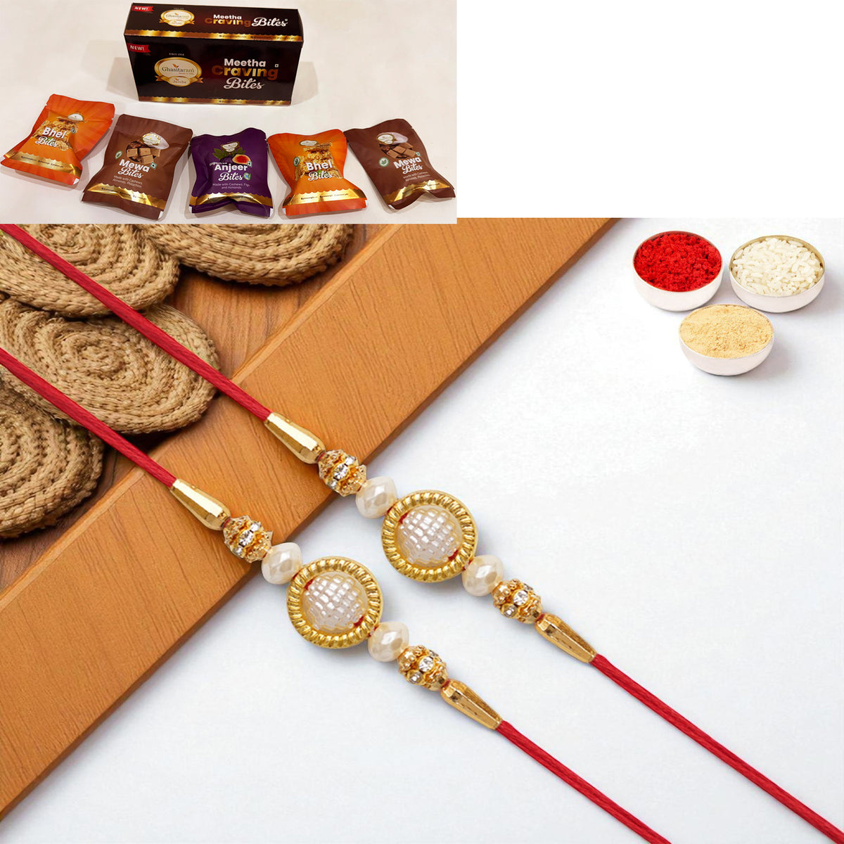 Rakhis Online UK-Set of 2 - Y-84 Pearl rakhi with Asorted bites box