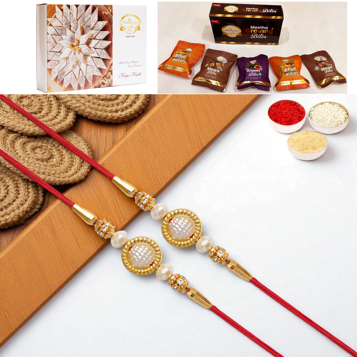 Set of 2 - Y-84 Pearl rakhi with Asorted bites box and 200 gms of Kaju katli
