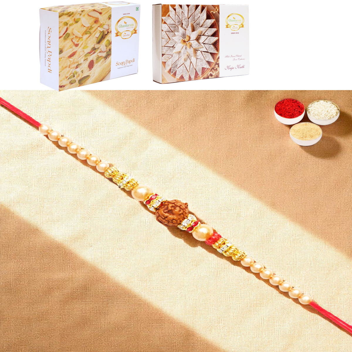 Y-3 Rudraksh Rakhi with 200 gms of Kaju katli and 200 gms of Soan Papdi
